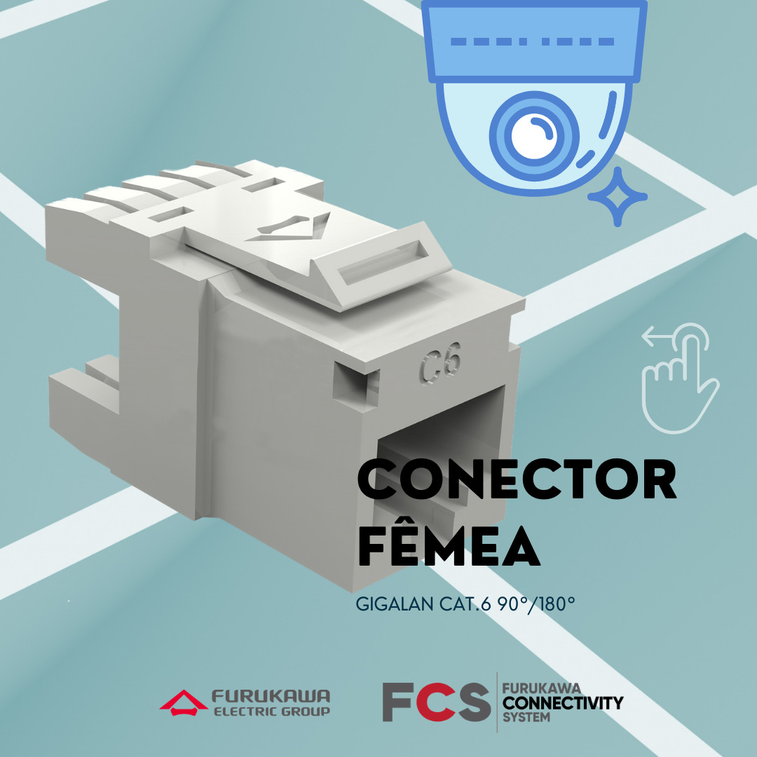 Com fundo decorativo temos um conector RJ45 CAT6 Bege em Destaque.