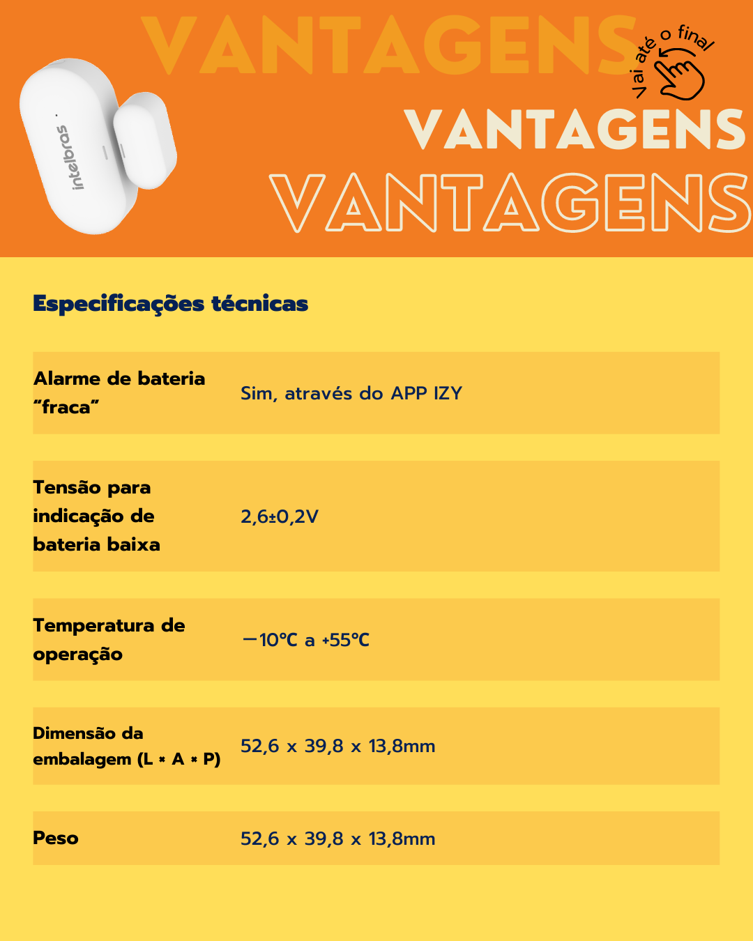 Em fundo laranja temos em destaque as especificações técnicas do Sensor de abertura smart ISA 1001. Podemos ver as logos da Quarta Etapa, Izy e Intelbras.