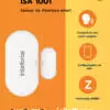 Em fundo laranja temos em destaque o produto Sensor de abertura smart ISA 1001. Podemos ver as logos da Quarta Etapa, Izy e Intelbras.