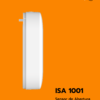 Em fundo laranja temos em destaque o produto Sensor de abertura smart ISA 1001. Podemos ver as logos da Quarta Etapa, Izy e Intelbras.
