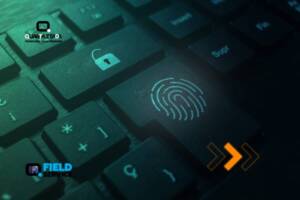 Teclado com ícones de cadeado e impressão digital destacando a segurança de dados.