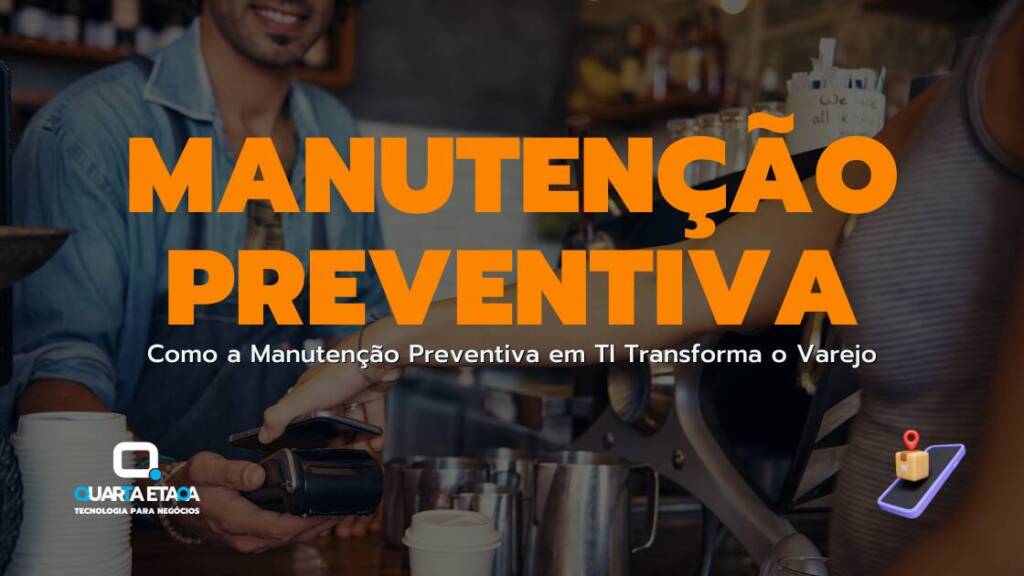 Funcionário de varejo processando pagamento no ponto de venda com destaque para a importância da manutenção preventiva em TI.